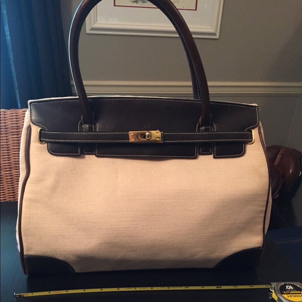 Cream and brown leather Birkin style handbag
